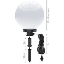 Kugelleuchte, weiß, Ø 20 cm, IP 44, 5m Zuleitung, E27 Leuchtmittel, Erdspieß