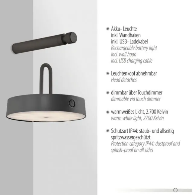 LED Akku Wandleuchte schwarz dimmbar per Touch IP44 Memoryfunktion