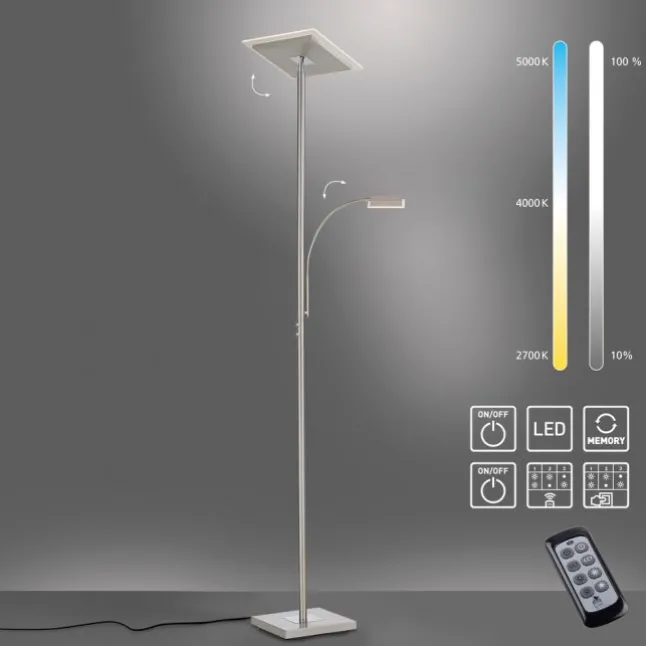 LED Deckenfluter, Leseleuchte, Fernbedienung, dimmbar, stahlfarben