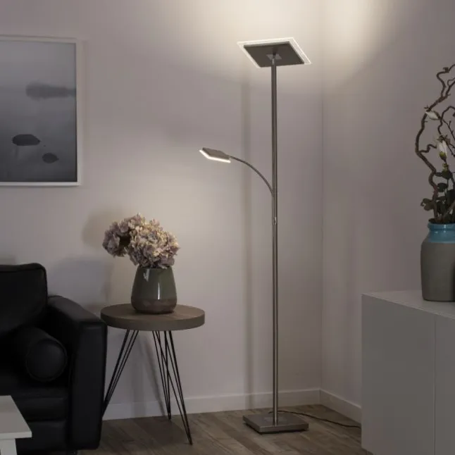 LED Deckenfluter, Leseleuchte, Fernbedienung, dimmbar, stahlfarben
