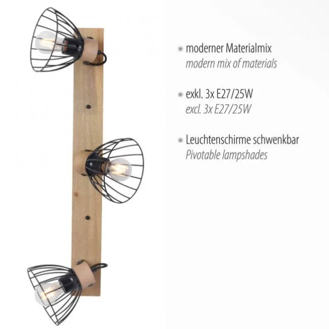 LED Deckenlampe LAMI 3 flammig Holz schwarz Metallschirme drehbar Wandlampe