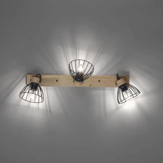 LED Deckenlampe LAMI 3 flammig Holz schwarz Metallschirme drehbar Wandlampe