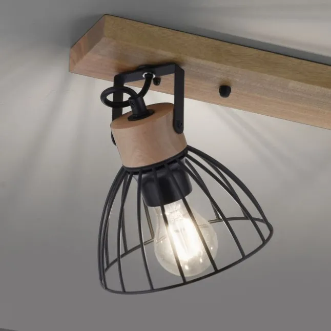 LED Deckenlampe LAMI 3 flammig Holz schwarz Metallschirme drehbar Wandlampe