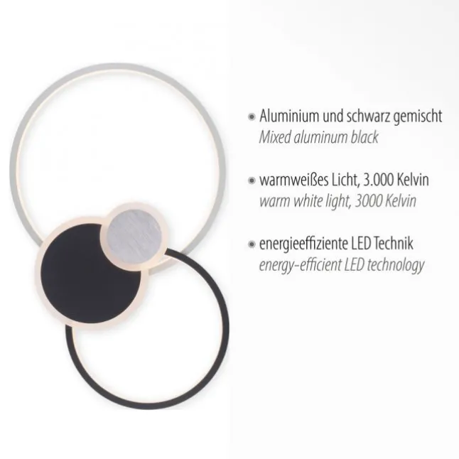LED Deckenlampe schwarz aluminium 4 Ringe warmweiß energiesparend
