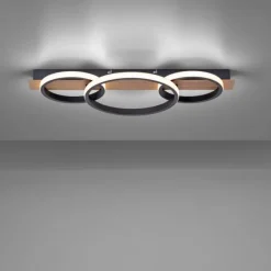 LED Deckenleuchte, Holzdekor, 3 Ringe, schwarz, modern