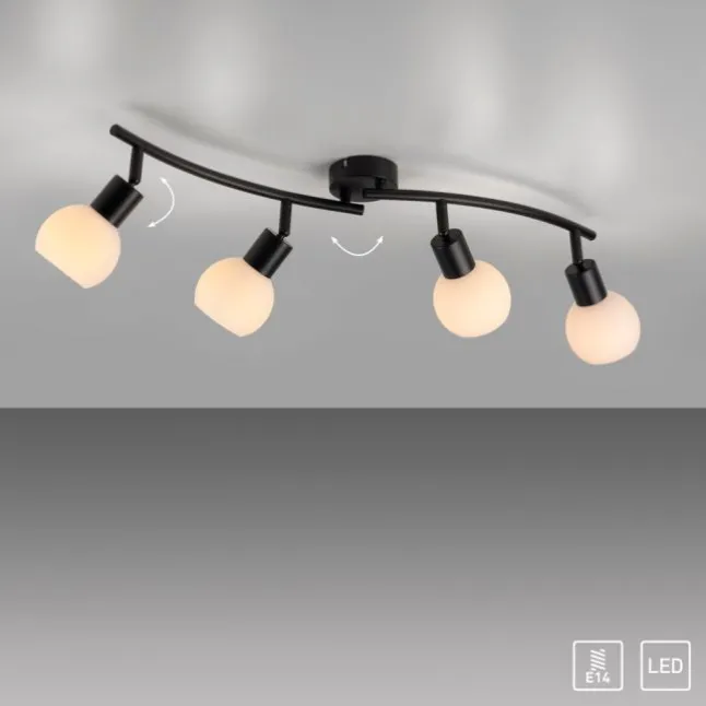 LED Deckenleuchte schwarz 4 flammig schwenkbar Opalglas Spots Schlafzimmer Flur