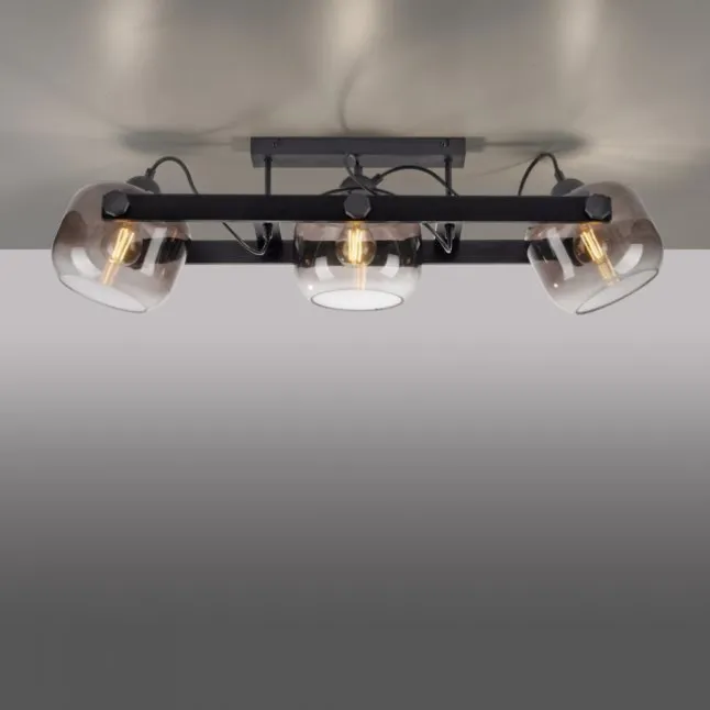 LED Deckenleuchte schwarz 3 flammig Holz Rauchglas Retro Look