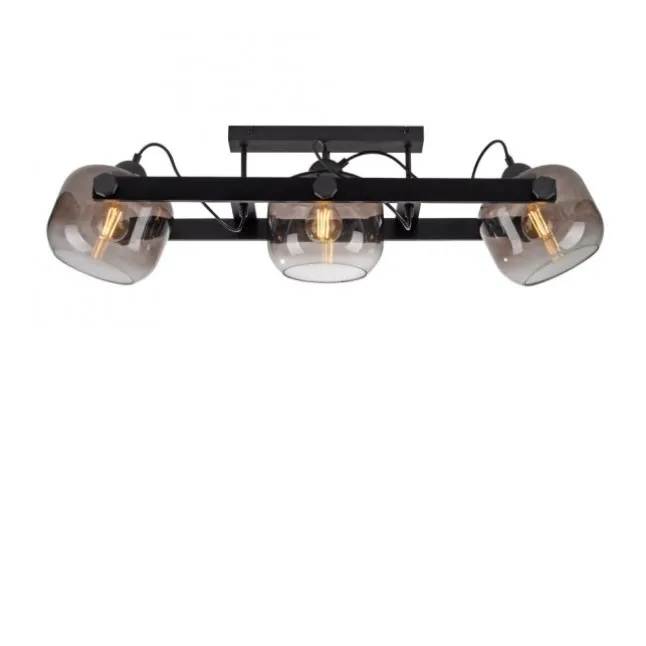LED Deckenleuchte schwarz 3 flammig Holz Rauchglas Retro Look