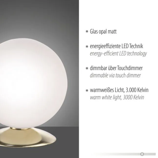 LED-Kugelleuchte, messing-matt, Touchdimmer, blendfrei, Opalglas
