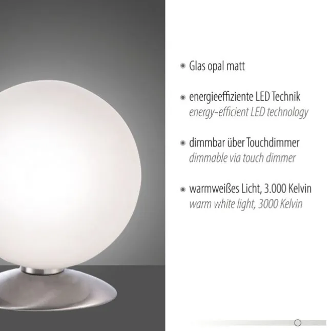 LED-Kugelleuchte, Tischleuchte, warmweißer Lichtfarbe, Touchdimmer, blendfrei