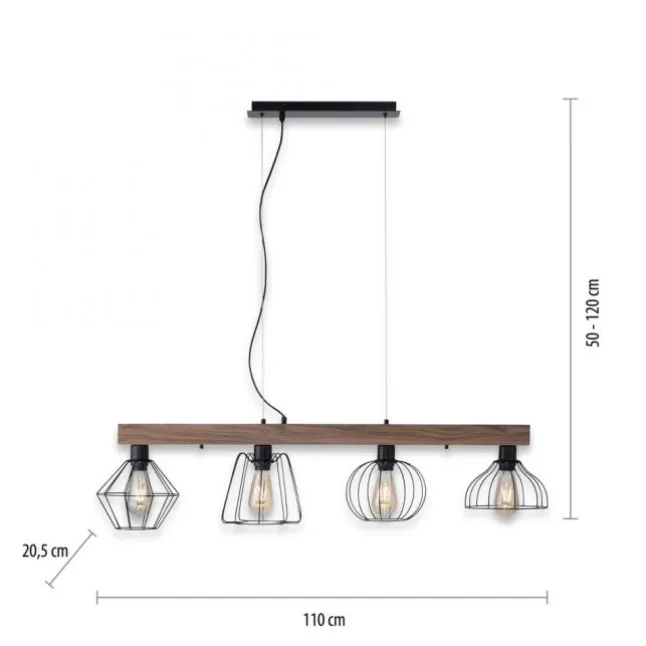 LED Pendellampe höhenverstellbar 4 flammig Holzdekor schwarze Metallschirme
