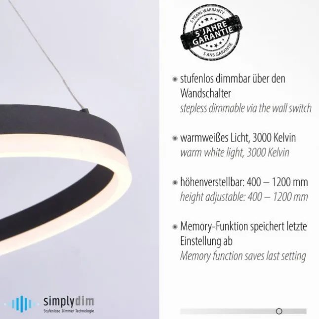 LED Pendelleuchte, anthrazit, runde Form, dimmbar, Memory Funktion, modern