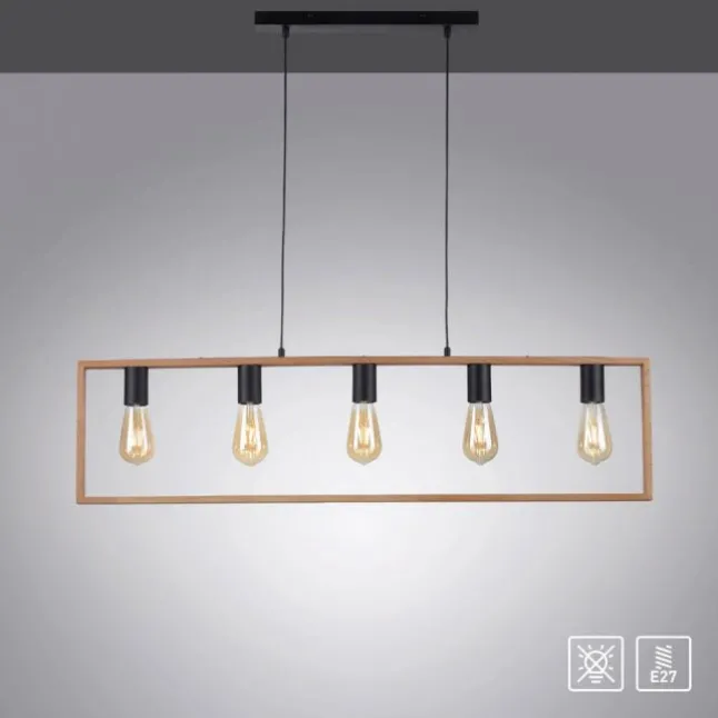 LED Pendelleuchte, schwarz, Esstisch, Holzrahmen, Metall, 5 flammige Pendellampe