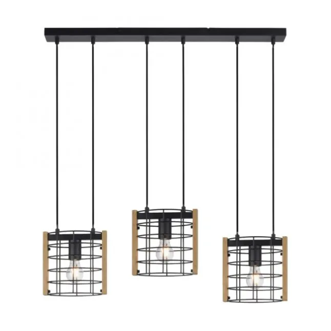 LED Pendelleuchte schwarz mit Holz Metall 3-flammig Esstischlampe