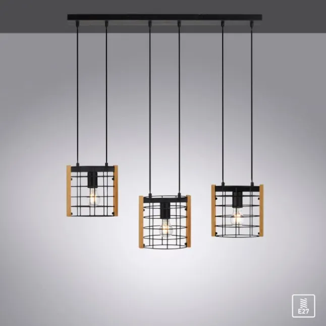 LED Pendelleuchte schwarz mit Holz Metall 3-flammig Esstischlampe