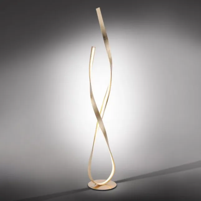 LED Stehleuchte goldfarbig geschwungene Leuchtarme warmweiß Schnurdimmer