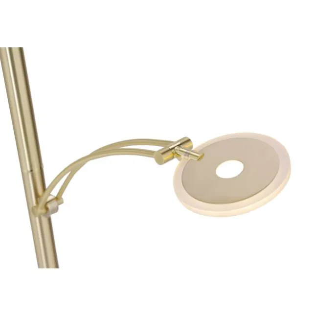 LED-Stehleuchte in messing-matt mit Lesearm und Lichtfarbsteuerung mit Memoryfunktion und Tastdimmer