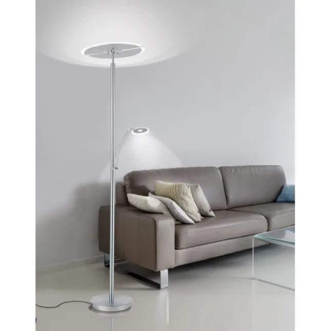 LED-Stehleuchte in stahlfarben mit Lesearm und Lichtfarbsteuerung mit Memory- und Dimmfunktion