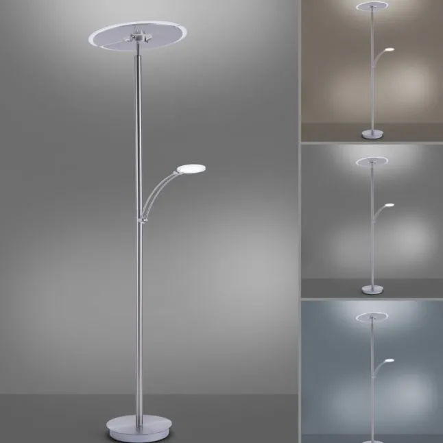 LED-Stehleuchte in stahlfarben mit Lesearm und Lichtfarbsteuerung mit Memory- und Dimmfunktion