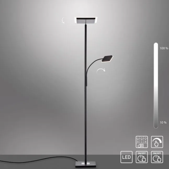 LED-Stehleuchte, schwarz, dimmbar, Lesearm, Deckenfluter