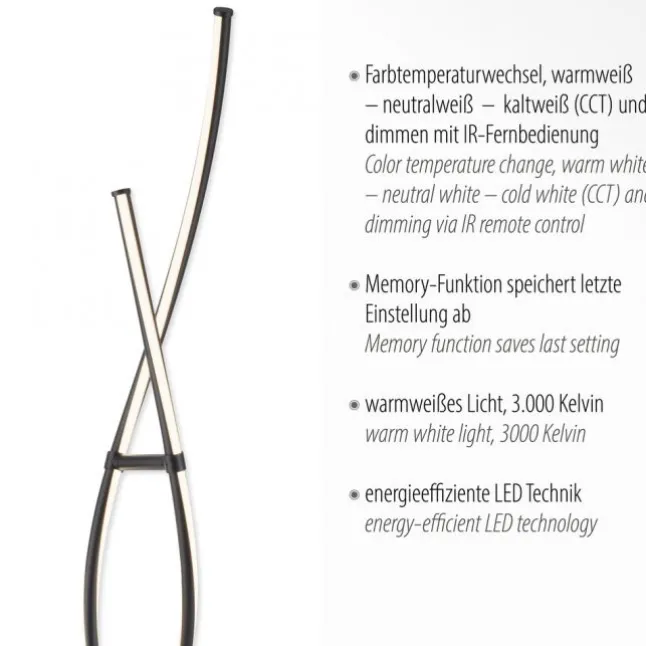LED Stehleuchte schwarz geschwungen dimmbar Fernbedienung CCT