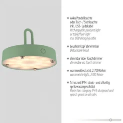 LED Tischleuchte D=36cm grün Akkulampe USB IP44 dimmbar per Touch