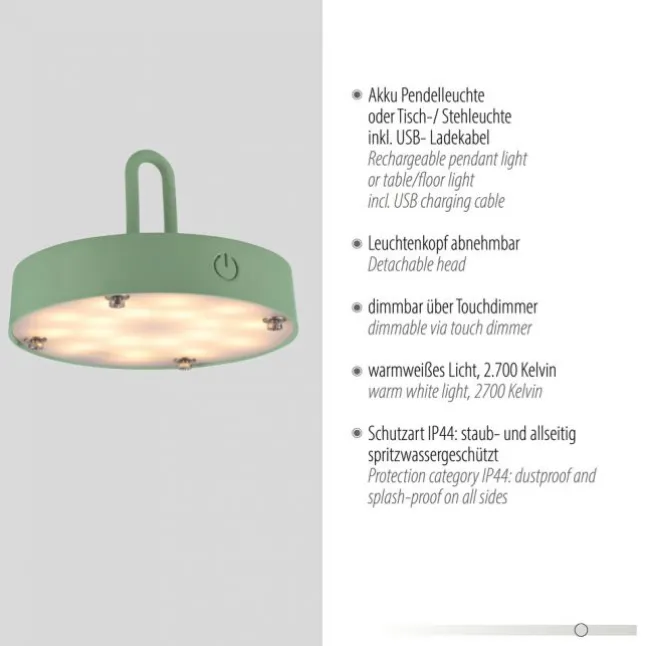 LED Tischleuchte D=36cm grün Akkulampe USB IP44 dimmbar per Touch