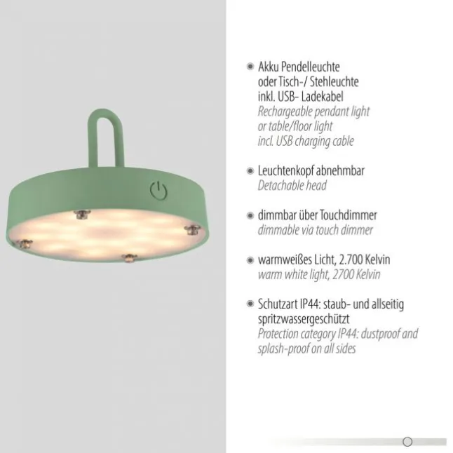 LED Tischleuchte D=25cm grün Akkulampe USB IP44 dimmbar per Touch