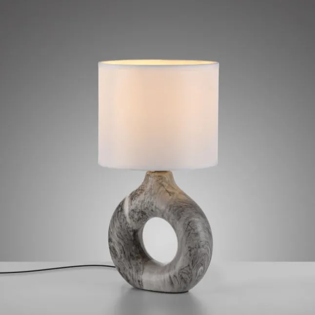 LED Tischleuchte grau Marmor Optik weißer Stoffschirm mit Schalter