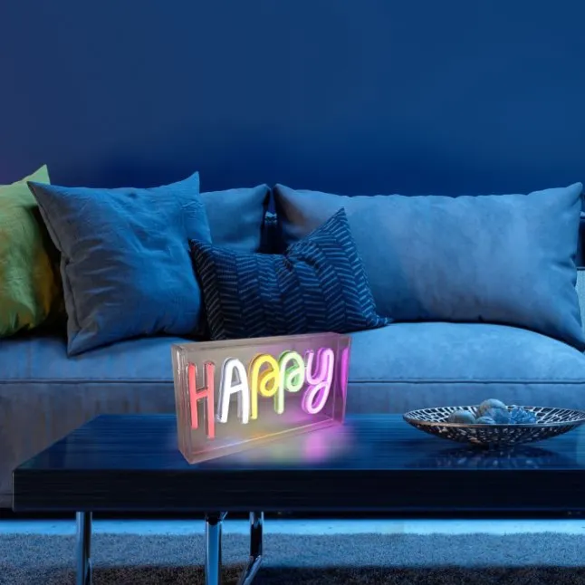 LED Tischleuchte Schriftzug Happy mehrfarbig USB Schalter dekorativ