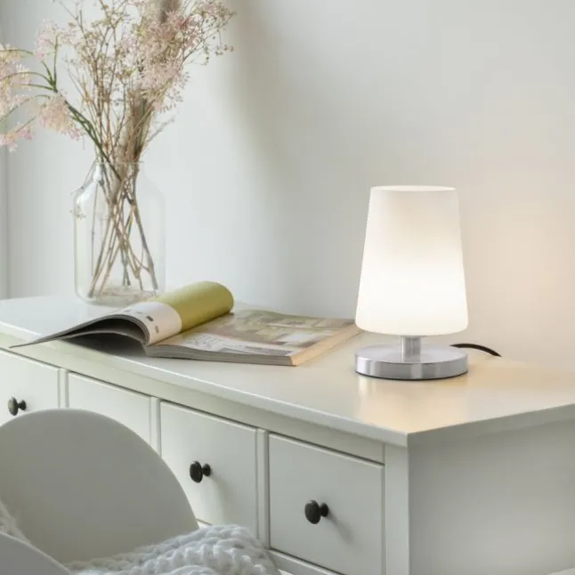 LED-Tischleuchte, weiß-stahl, mit dezentem Lampenschirm, inkl. Touchdimmer
