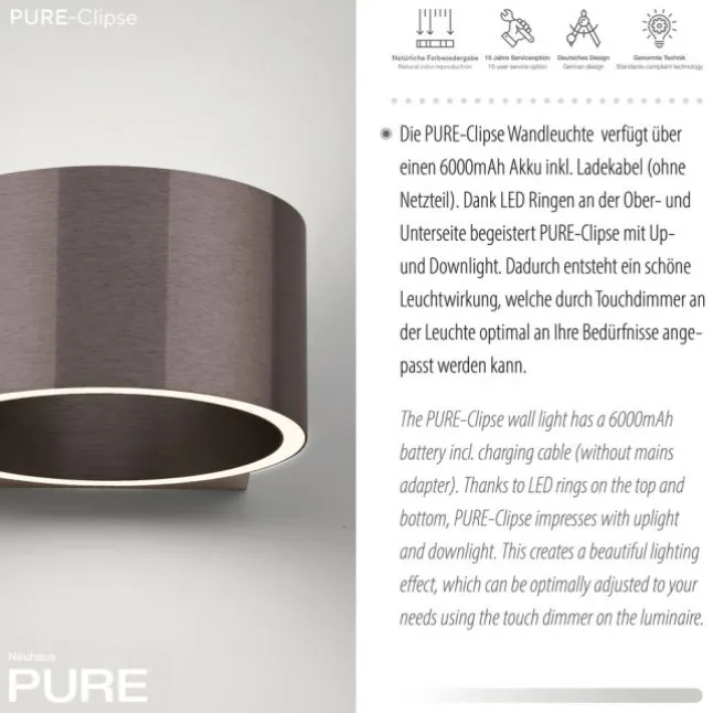 Paul Neuhaus Akku Wandleuchte PURE Clipse dark metal brown