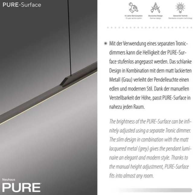 Paul Neuhaus Pendelleuchte PURE Surface platin (grau) 125x25 höhenverstellbar