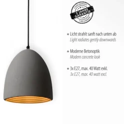 Pendelleuchte, betonfarben, E27, Schirm, 3-flammig, IP20