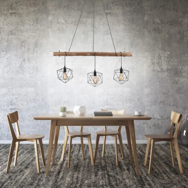 Pendelleuchte modern, Holz, schwarz, 3-flammig, Drahtkörbe, E27 Fassung