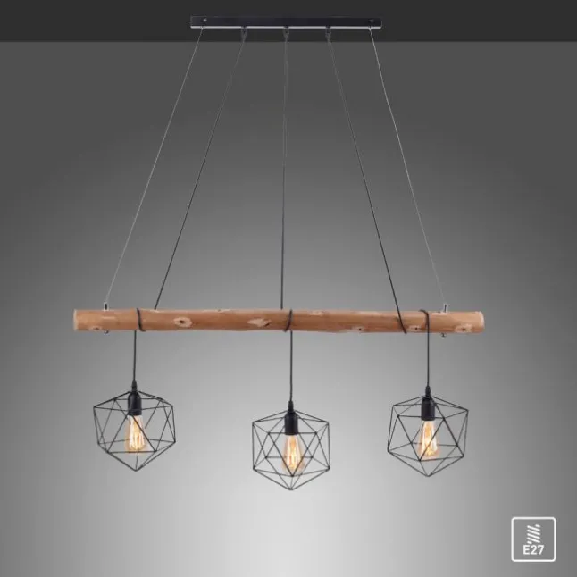 Pendelleuchte modern, Holz, schwarz, 3-flammig, Drahtkörbe, E27 Fassung