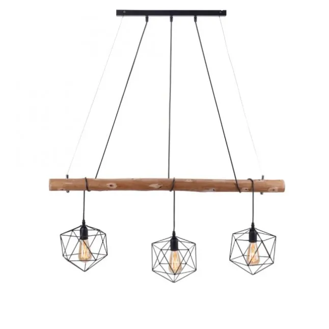 Pendelleuchte modern, Holz, schwarz, 3-flammig, Drahtkörbe, E27 Fassung