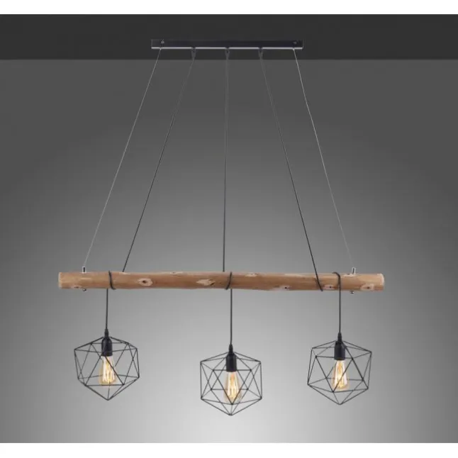 Pendelleuchte modern, Holz, schwarz, 3-flammig, Drahtkörbe, E27 Fassung