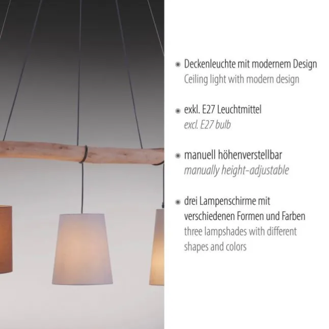 Pendelleuchte, schwarz, 3 Leuchtköpfe, Holzbalken geschwungen, E27 Fassung