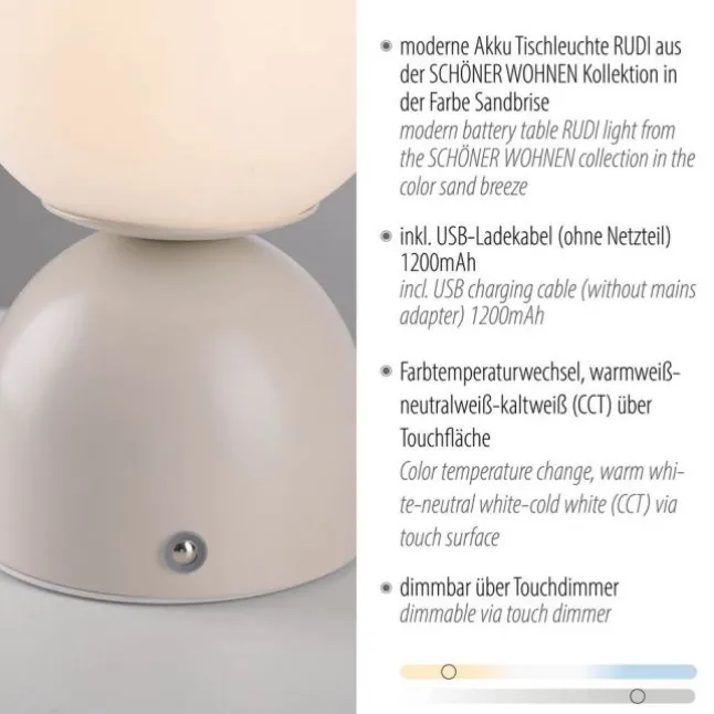 Schöner Wohnen-Kollektion LED Akku Tischleuchte RUDI, Sandfarben, USB Ladekabel