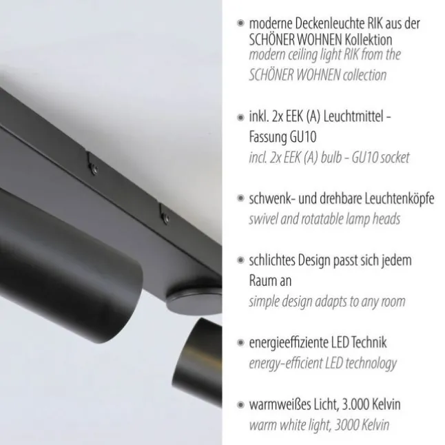 Schöner Wohnen-Kollektion LED Deckenleuchte RIK, schwarz, 2-flammig, drehbar