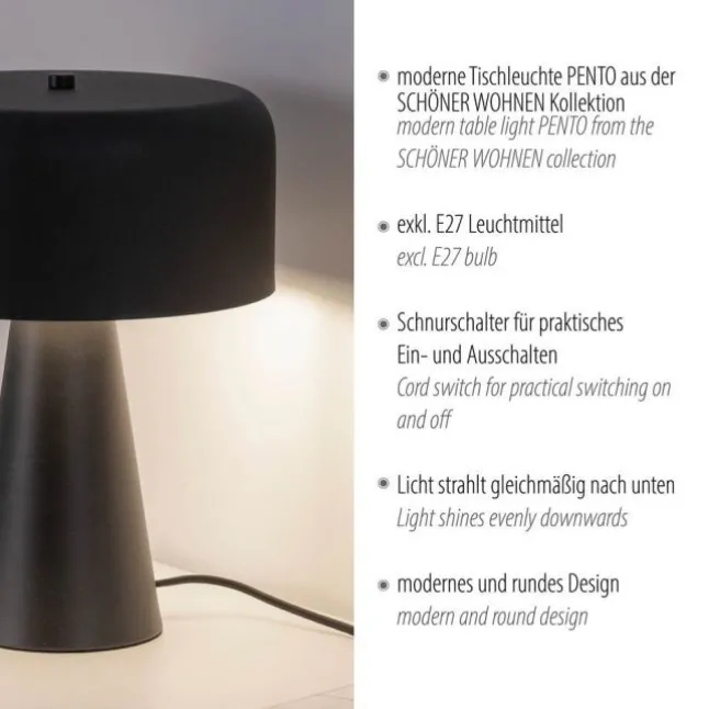 Schöner Wohnen-Kollektion Tischleuchte PENTO, schwarz, 1,5 m Kabel