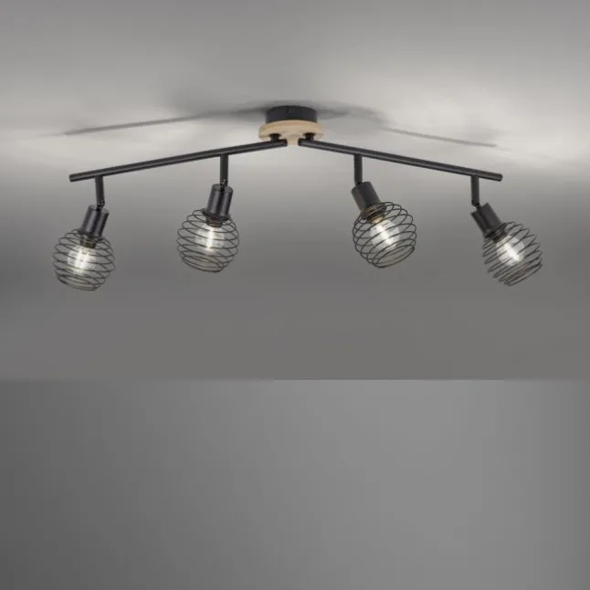 Strahler, Deckenleuchte, Holz, schwarz, 4-flammig, Drahtkorb