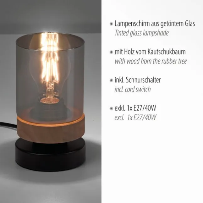 Tischleuchte, Rauchglas, Holz, Robberwood, E27